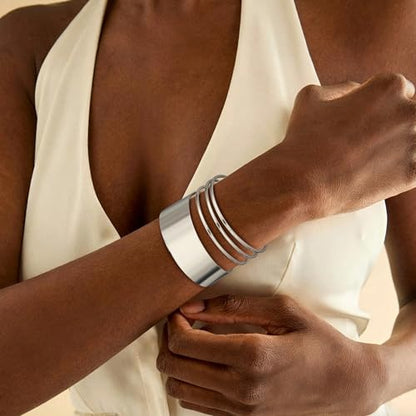 4Pcs Chunky Gold Cuff Bracelects for Women Gold Bangles Irregular Minimalist Statement Bangle Bracelets Set Open Wide Bangle Upper Arm Cuff Jewelry - color: Silver-C
