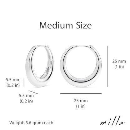 Milla Small Silver Hoop Earrings and Chunky Gold Hoops for Women | Small Chunky Silver Hoops and Thick Gold Hoop Earrings for Women. Available in 14K Gold and Silver Plated Finish - color: Silver - 25 mm Medium