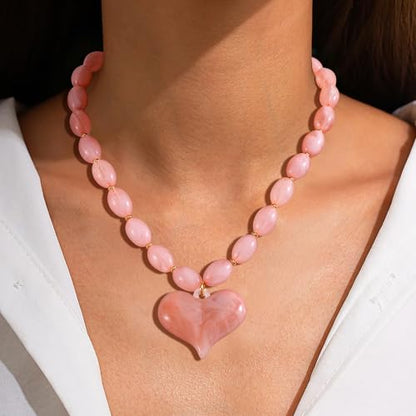 Chunky Beaded Necklaces for Women Trendy Colorful Acrylic Bead Statement Necklace Puffy Heart Pendent Necklaces for Women Boho Fashion Jewelry - color: D-light pink