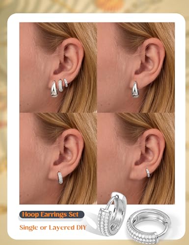 LOLIAS Small 14K Gold Plated Chunky Hoop Earrings for Women Hypoallergenic Silver Earrings Set for Sensitive Ears Non Tarnish Huggie Hoops Earring Stacks for Multiple Piercing Jewelry Lightweight 3Pairs - style: Teardrop-Silver Tone