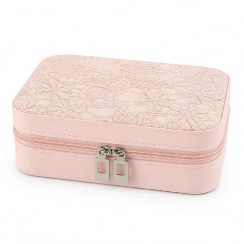 Travel Jewelry Case, Floral Embossed jewelry boxes for women, PU Leather Small Jewelry Organizer Case with Zipper, Velvet Lined Ring Earring Necklace Case for Travel, 6.3 x 4.7 x 2.4 in - color: Pink-2