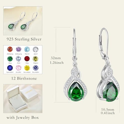 925 Sterling Silver Infinity Teardrop Earrings for Women | Lwsary Dangle Drop Leverback Earrings, Pear Shaped Birthstone Jewelry for Her - color: Green
