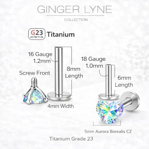 Titanium Heart CZ Labret Stud Earrings for Piercings by Ginger Lyne 6Pc Set G23 Screw Front Flat Back Body Jewelry 2 pair post 6mm, 8mm Cartilage, Helix, Tragus, Lip, Conch, Lobe - color: 5mm-AuroraBorealis