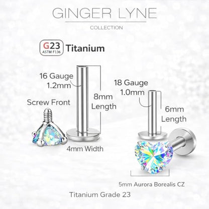 Titanium Heart CZ Labret Stud Earrings for Piercings by Ginger Lyne 6Pc Set G23 Screw Front Flat Back Body Jewelry 2 pair post 6mm, 8mm Cartilage, Helix, Tragus, Lip, Conch, Lobe - color: 5mm-AuroraBorealis