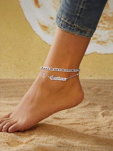 FindChic Custom Ankle Bracelets for Women, Stainless Steel Figaro/Cuban/Wheat/Rope/Herringbone Chain Anklets, Beach Foot Jewelry 8.5''-10.5'' Adjustable & Waterproof, with Gift Box - style: Figaro Chain-Silver