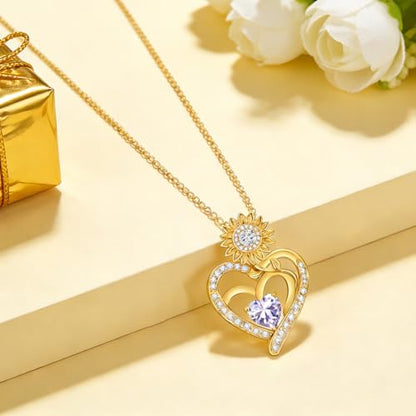 Midari Sunflower Necklace 18k Gold Plated Heart with Brithstone You Are My Sunshine Necklace Anniversary Birthday Sunflower Jewelry Gift for Women Wife Mom - color: 06-June