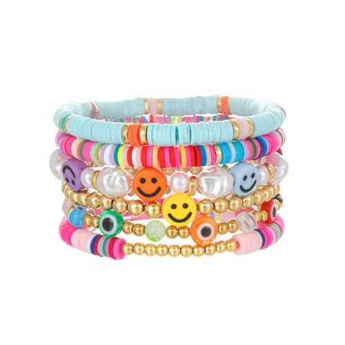 Friendship Bracelets for Women - Heishi Surfer Colorful Smile Evil Eye Clay Beaded Stretch Bracelets Elastic Layering - Stackable Boho Disc Y2K Aesthetic Summer Jewelry Set. - color: A-Evil Eye-6pc Colorful 01