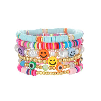 Friendship Bracelets for Women - Heishi Surfer Colorful Smile Evil Eye Clay Beaded Stretch Bracelets Elastic Layering - Stackable Boho Disc Y2K Aesthetic Summer Jewelry Set. - color: A-Evil Eye-6pc Colorful 01