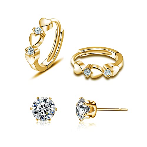 CiNily 14K White Gold Plated Small Hoop Earrings for Women Girls Heart Cubic Zirconia Hypoallergenic Earrings - color: Studs set-gold-white