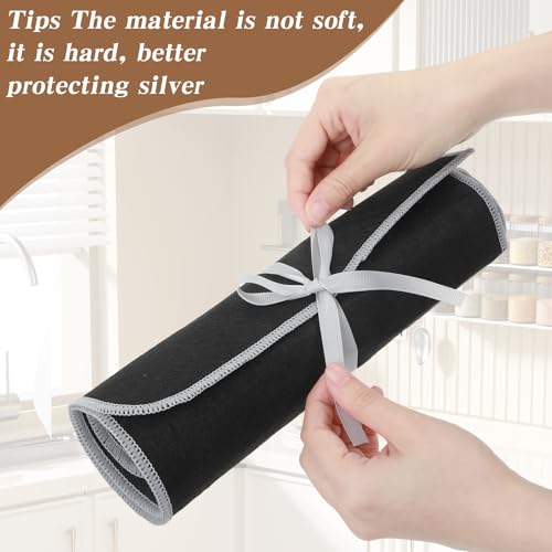 3 Pcs Silver Storage Bags Roll,Anti Tarnish Silverware Storage,with White Ribbon, 12 Slot Silver Storages, Cutlery Sleeves Bags for Kitchen Utensil Teaspoon, Stiff Fabric