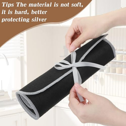 3 Pcs Silver Storage Bags Roll,Anti Tarnish Silverware Storage,with White Ribbon, 12 Slot Silver Storages, Cutlery Sleeves Bags for Kitchen Utensil Teaspoon, Stiff Fabric
