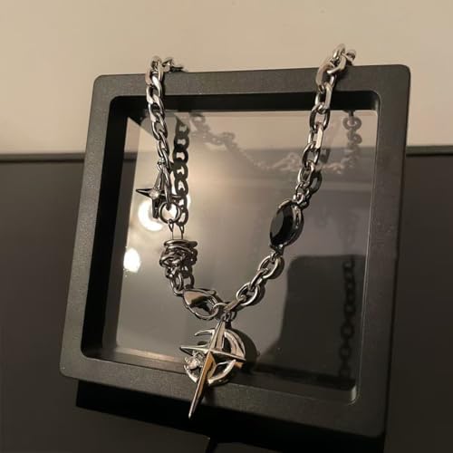 Stainless Steel Star Moon Starburst Pendant Necklace, Punk Black Onyx CZ Chain Necklace for Men Women, Hip Hop Y2K Cool Jewelry Gift