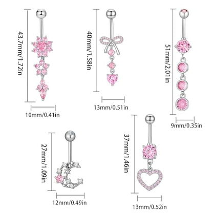 5Pcs 14G Dangle Belly Button Rings, Pink CZ Crystal Bow Heart Charm Drop Navel Piercing Barbell Studs Curved Belly Ring Summer Body Piercings Jewelry