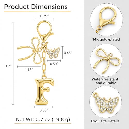 Gold Bubble Heart, Cherry, Bow & More Designs Letter Initial Keychain Bag Charms – Cute Purse Charms for Handbags - color: Bow & Butterfly, style: F