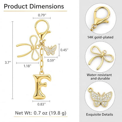 Gold Bubble Heart, Cherry, Bow & More Designs Letter Initial Keychain Bag Charms – Cute Purse Charms for Handbags - color: Bow & Butterfly, style: F