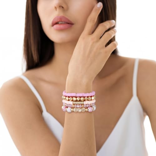 Summer Surfer Heishi Bracelet Set for Women Stackable Gold Plated Clay Ploymer Bead Stretch Pink Beach Layering Bracelets Jewelry - color: B-A3