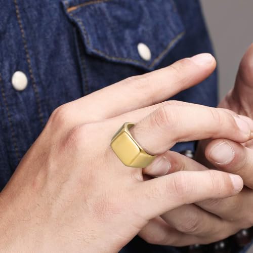 Mens Stainless Steel Plain Signet Rings 4/7/10/14MM Rectangular Pinky Rings | High Polish Classic Blank Thumb Rings, Everyday Comfit Wear, Gift for Men - color: Gold14