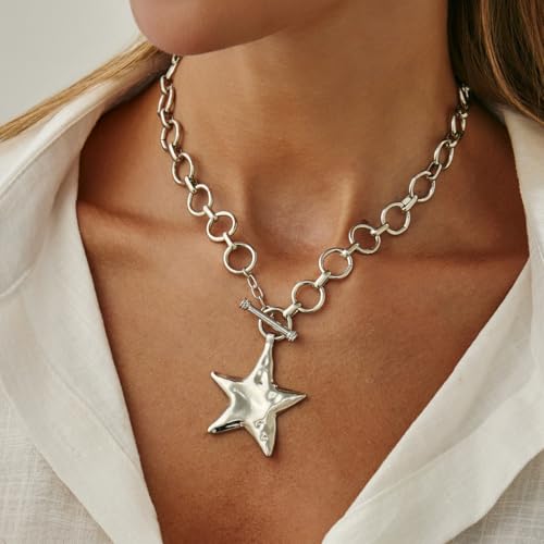 Big Star Necklace Chunky Necklace for Women Boho Thick Chain Statement Necklace Trendy Large Star Pendant Necklace Bold Vintage Chunky Jewelry - style: 2 - S
