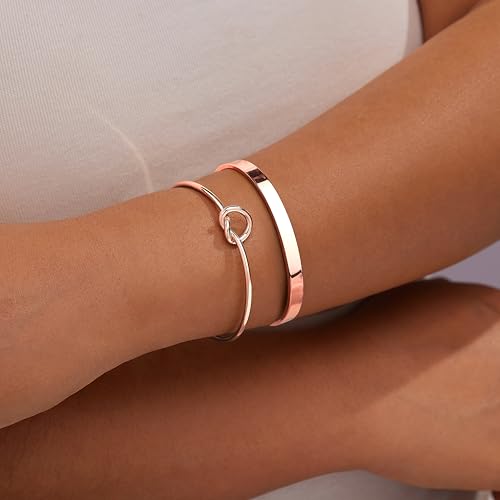 Gokeey Sterling Silver Cuff Bangle Bracelet Set for Women Waterproof, Non Tarnish S925 Silver Chunky Cuban Link Chain Heart Love Infinity Tie Knot Paperclip Beaded Twist Rope Silver Bracelets Fashion Jewelry Gifts Set - color: Rose Gold-Stackable Bangles