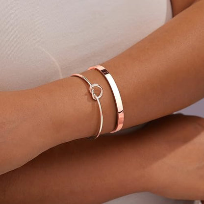 Gokeey Sterling Silver Cuff Bangle Bracelet Set for Women Waterproof, Non Tarnish S925 Silver Chunky Cuban Link Chain Heart Love Infinity Tie Knot Paperclip Beaded Twist Rope Silver Bracelets Fashion Jewelry Gifts Set - color: Rose Gold-Stackable Bangles