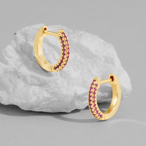 Dremmy Studios Dainty CZ Huggie Hoop Earrings 14K Gold Plated Chunky Simple Cute Thick Round Frill Bead Ball Starburst Cuff Earrings Cubic Zirconia Hoop Earrings Minimalist Personalized Gift for Her - color: CZ Rose