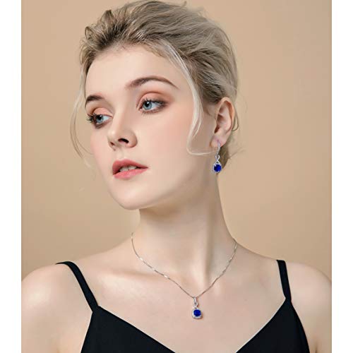 AMYJANE Crystal Jewelry Set for Women - Sterling Silver Square Cubic Zirconia CZ Bridal Pendant Necklace Earrings Set for Wedding Bride Bridesmaids Birthstone Fashion Jewelry Set - color: Sapphire
