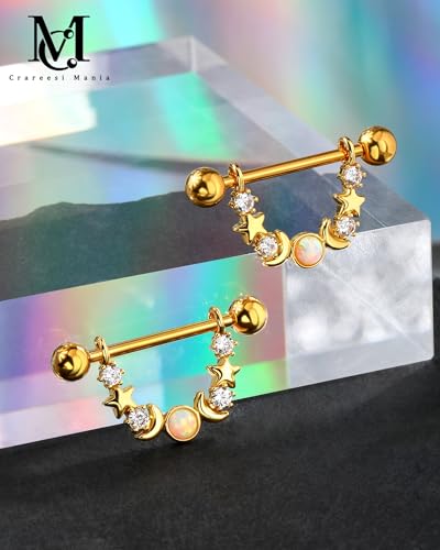 CM Crareesi Mania Opal Nipple Rings 316L Stainless Steel Nipple Shield Ring for Women 14G Moon Phase Nipple Piercing Jewelry - color: Gold-Star and Moon
