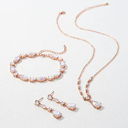 SWEETV Bridal Wedding Jewelry Set for Brides,Teardrop Bridesmaids Jewelry Set - color: 02.Rose Gold