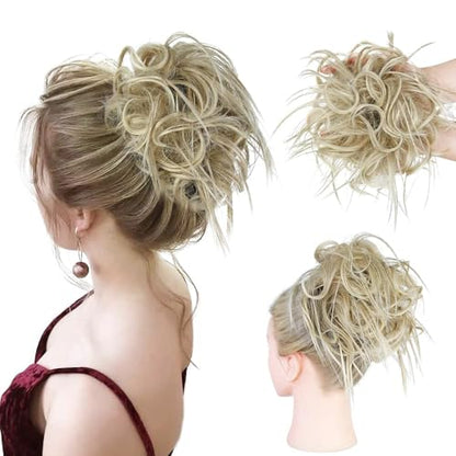 HMD Tousled Updo Messy Bun Hair Piece for Women Synthetic Hair Extension | Messy Bun Hair Piece with Elastic Scrunchie Synthetic Tousled Updos Ponytail Hairstyles for Daily Wear - color: Ash Blonde Mix Bleach Blonde(18t613#)
