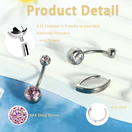 TIANCI FBYJS 3pcs G23 Titanium Pink Belly Button Rings Internally Threaded 10mm Clicker Reverse Curved Hoop Navel Barbell Piercing Jewelry CZ Belly Rings for Women Men - color: silver