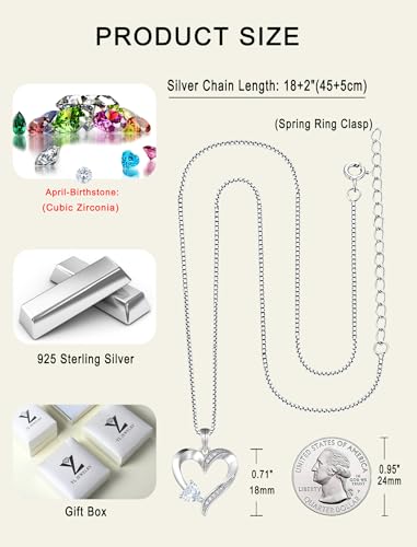 YL Heart Necklace 925 Sterling Silver Love Heart Pendant Birthstone Jewelry for Women - color: 04-diamond-Apr