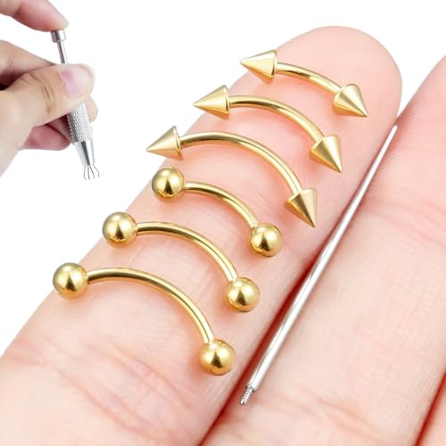Internally Threaded Eyebrow Piercing Jewelry Surgical Steel Tiny Eyebrow Rings Vertical Labret Lip Jewelry Small Ear Rook Earring for Women Men 18g 16g 14g Plus Piercing Ball Grabber Tool - color: goldtone, size: 18g,ball+spike end