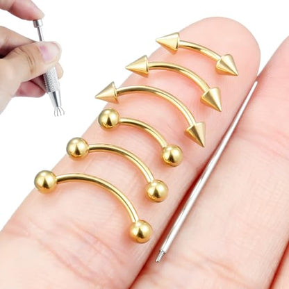 Internally Threaded Eyebrow Piercing Jewelry Surgical Steel Tiny Eyebrow Rings Vertical Labret Lip Jewelry Small Ear Rook Earring for Women Men 18g 16g 14g Plus Piercing Ball Grabber Tool - color: goldtone, size: 18g,ball+spike end