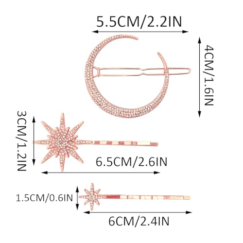 BARTOSI Moon Star Hair Clips Rose Gold Rhinestone Hair Pins Crystal Bobby Pins Bride Wedding Celestial Hair Accessories for Women and Girls (Pack of 3) - color: Rose Gold