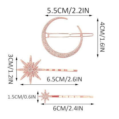 BARTOSI Moon Star Hair Clips Rose Gold Rhinestone Hair Pins Crystal Bobby Pins Bride Wedding Celestial Hair Accessories for Women and Girls (Pack of 3) - color: Rose Gold