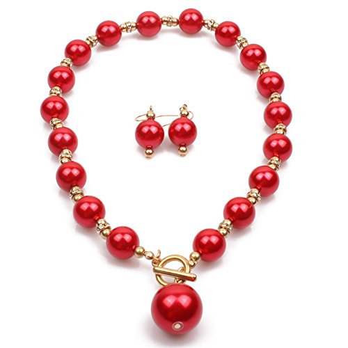 COLORFUL BLING Chunky Multicolor Simulated Pearl Choker Necklace Drop Dangle Earrings Bracelet Set Crystal Bib Big Large Round Beaded Strand for Women Brides Costume Statement 1920s Wedding Jewelry - color: Red