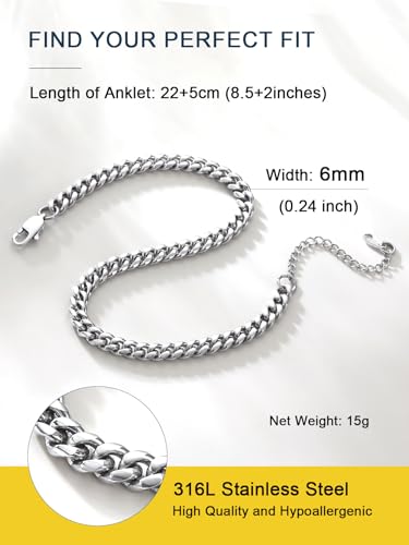 ChainsPro Resizable Anklet Chain for Women Men, Figaro/Wheat/Twist Rope/Cuban Foot Bracelet-Strong with Good Clasp-18K Gold Plated(Send Gift Box) - color: 01:curb-Stainless-6mm