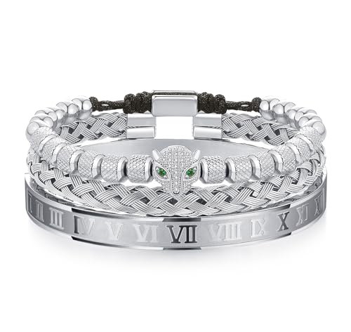 WFYOU 3PCS Stainless Steel Imperial Crown Bracelets for Men Gold Roman Numeral Bangle Bracelet Adjustable Cuff Bracelet Mens Luxury Jewelry Gifts - style: 12:Silver-CZ Leopard Head