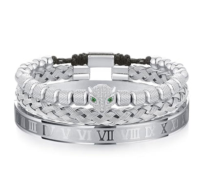WFYOU 3PCS Stainless Steel Imperial Crown Bracelets for Men Gold Roman Numeral Bangle Bracelet Adjustable Cuff Bracelet Mens Luxury Jewelry Gifts - style: 12:Silver-CZ Leopard Head