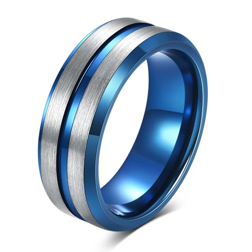 Tungsten Wedding Band Ring for Men 6mm 8mm Classic Groove Tungsten Wedding Band Ring for Men Matte Finish Comfort Fit Size 7-12 - color: 8mm Groove Silver-Blue