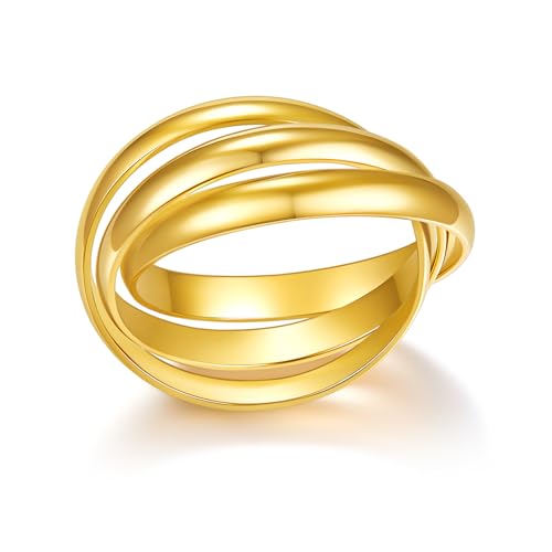BORUO 925 Sterling Silver Ring, 14K Gold Plated Waterproof Fidget Anxiety Ring, Triple Row Rolling Interlocking Stacking High Polish Band for Women, Men| Each Band Width 1.8mm 3mm Size 4-12 - color: Waterproof 3mm 14K Gold Plated Stainless Steel
