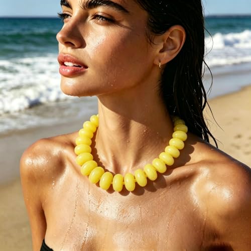 CSIYANJRY99 Chunky Beaded Necklace for Women, Large Colorful Resin Beads Statement Necklace, Boho Summer Beach Vacation Jewelry Gifts - color: Yellow