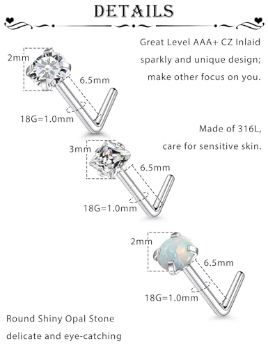 15 Pcs 18G 20G Surgical Steel Nose Rings Studs for Women Opal Nose Rings Diamond CZ Nose Studs L Shaped Nose Nostril Piercing Jewelry Hypoallergenic - style: 18G,L Shaped