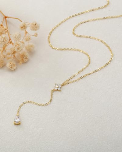 Gold Necklace for Women Dainty 14K Gold Plated Lariat Necklace | Teardrop CZ Y Shaped Drop Necklaces Prom Necklace Long Necklace Simple Gold Jewelry For Women Gift - color: C GOLD