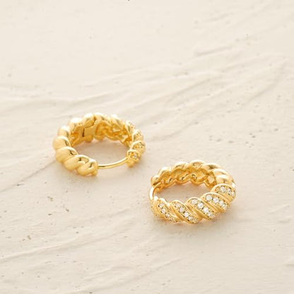 Women Gold Earrings Huggie Hoop Cubic Zirconia 14K Gold Plated Small Simple Hypoallergenic Everyday Jewelry - style: Croissant