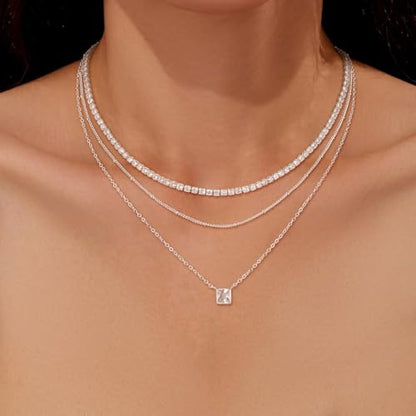 CHESKY Layered Silver Necklace for Women Trendy,Dainty Silver Plated Stackable Charm Necklace Layering Paperclip Tennis Rope Chain CZ Pendant Jewelry Set Gifts - style: tennis