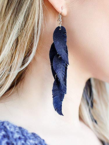 Leather Feather Earrings, Suede layered earrings, boho wedding jewelry, summer earrings, gift for her, dangle earrings - color: dark blue