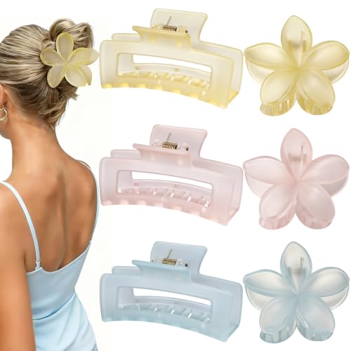 Flower Hair Clips for Women, Square Claw Clips for Girls 6 PCS - Ice Cream | 2 Styles Hair Claw Clips for Thick or Thin Hair Hawaiian Hibiscus Rectangle Large Plumeria Medium Hair Accessories for Women - color: Ice Cream