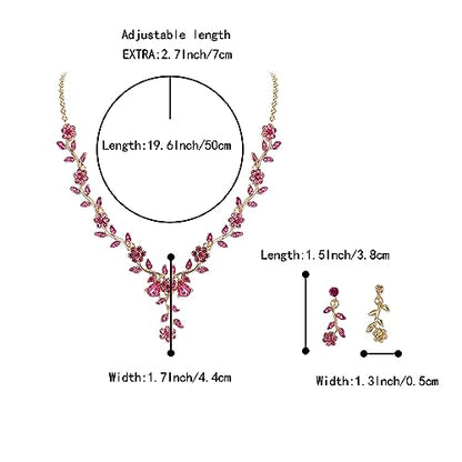 Women's Wedding Jewelry Set for Bride,Prom Bridal Accessories | Bling Crystal,Flower Leaf Cluster,Dangle Earrings Pendant Necklace Set,for Bridesmaid,Party Jewellery - color: 09-Pink Gold-Plated-Base