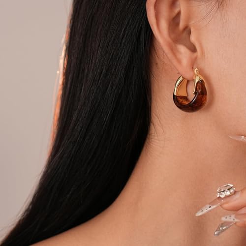 Brown Earrings for Women Chunky Gold Statement Earrings Small Gold Hoop Earring Resin Huggie Earring Square Hoop Trendy Jewelry Gifts for Women Everyday Wear - color: brown